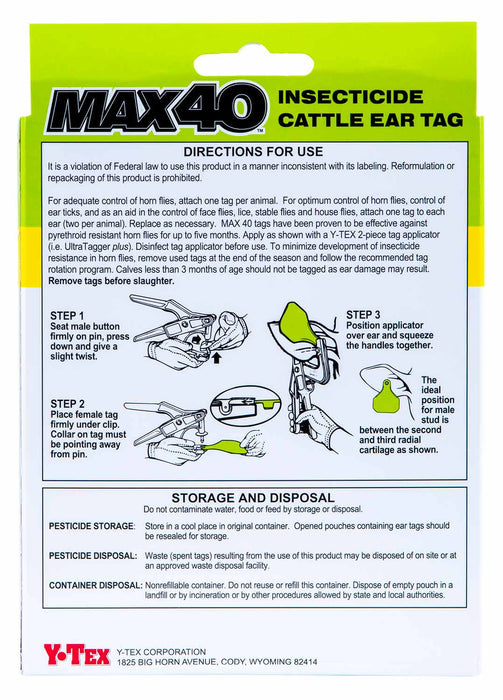 20 - pk Max 40 Insecticide Cattle Ear Tag - Jeffers - Farm & Ranch Supplies > Identification & Ear Tags