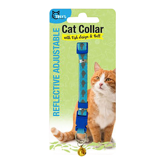 Reflective Adjustable Cat Collar with Fish Design and Bell, Assorted Colors, 7-11"L