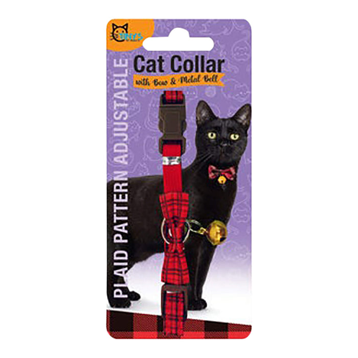 Plaid Pattern Adjustable Cat Collar - With Bell and Bow Tie