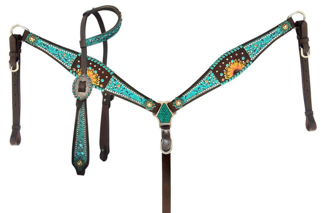 Showman Turquoise Filigree & Sunflower Headstall and Breast Collar - Jeffers - Horse Supplies > Horse Tack > Tack Sets